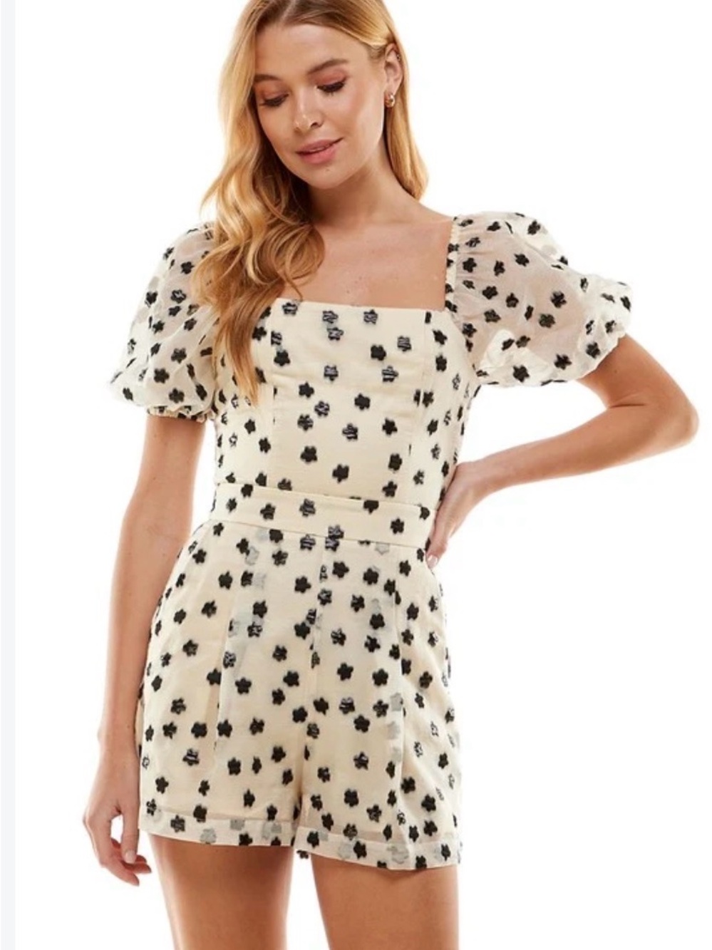 TCEC Cream Romper with Black Floral Dots and Puff Sleeves